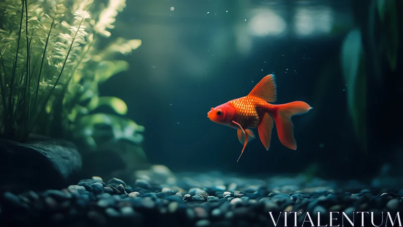 Golden goldfish glides through tranquil, softly lit aquarium.