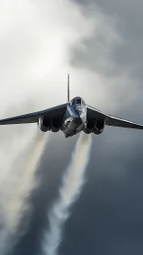 Sleek jet pierces brooding clouds with twin vapor trails.