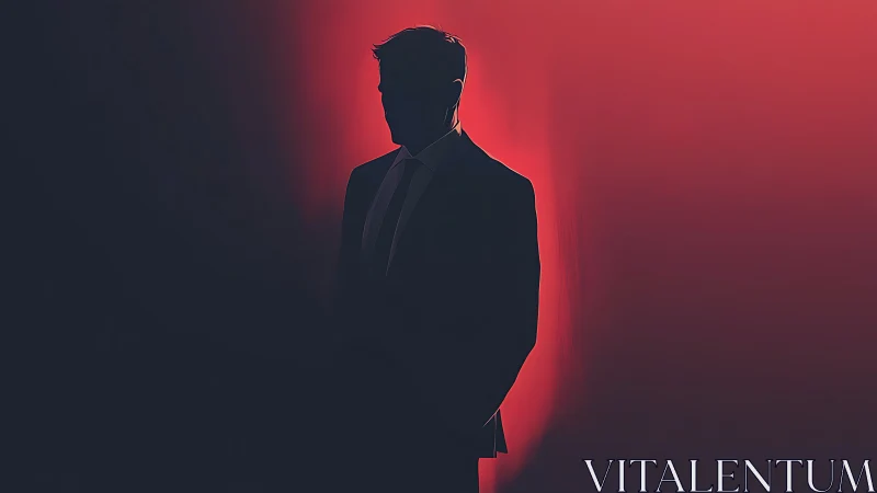 Silhouetted suited figure in high contrast red rim lighting