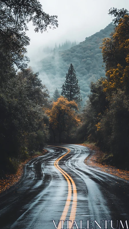 Glistening forest road gently curves into misty autumn hills