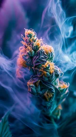 Macro cannabis flower with smoke in blue and purple light.