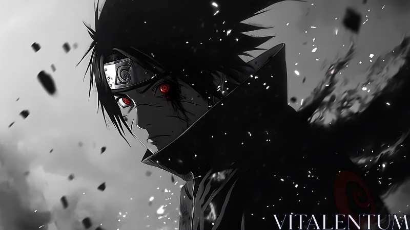 Dark ninja portrait shows glowing red eyes amid ash storm