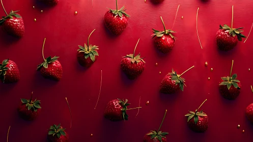 Strawberries arranged on red background surface in grid pattern.