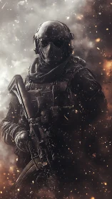 Battle-ready soldier emerging through swirling embers.