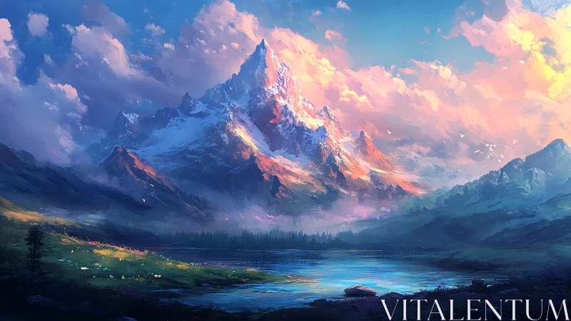 Radiant alpine peak above tranquil blue valley lake.