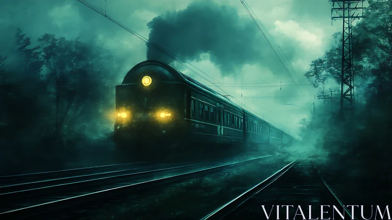 Midnight train glows softly as it journeys through deep fog
