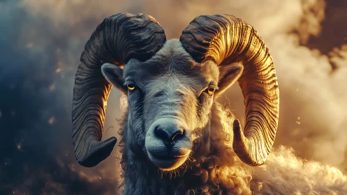 Cinematic close-up of horned ram in backlit smoke haze