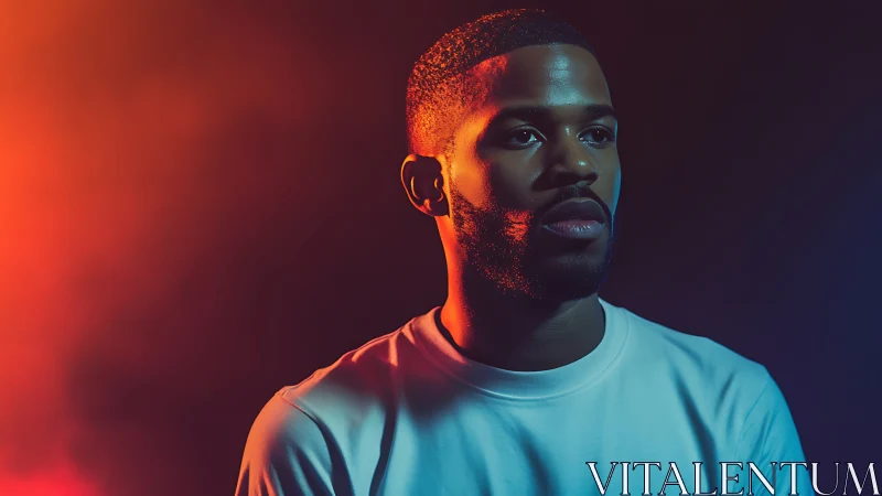 Portrait under split complementary neon orange and cyan rim light