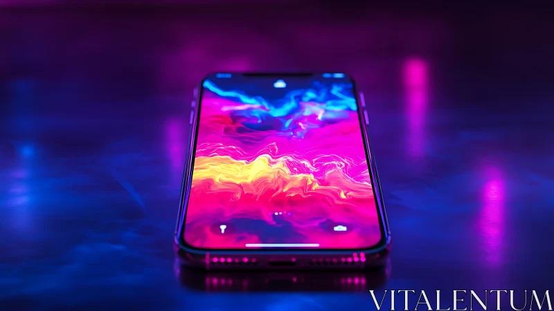 Neon-lit smartphone with abstract fluid display illumination.