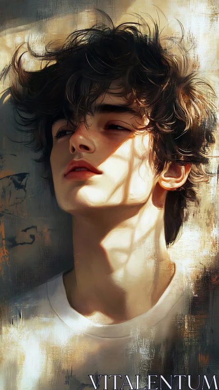 Painterly portrait with dramatic sunlight and textured ground plane.