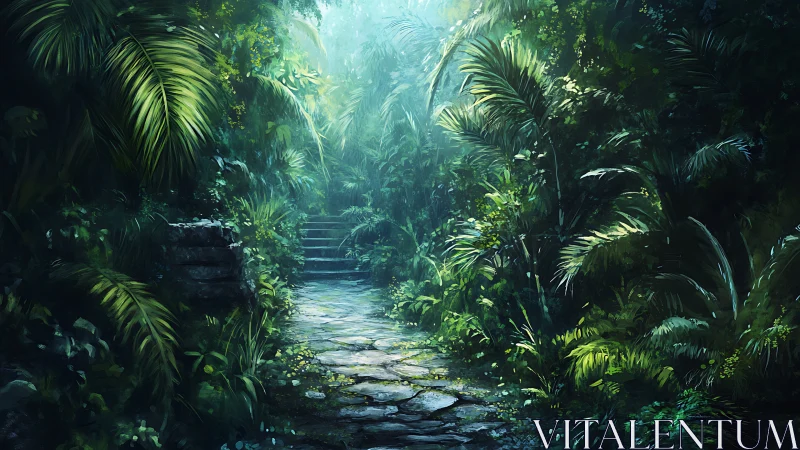 Lush jungle pathway with ancient stone steps through dense tropical canopy.