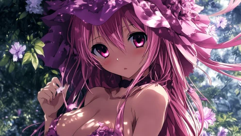 High-detail anime girl with floral hat under dappled forest lighting