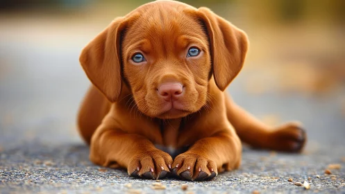 Brown puppy lying on pavement with shallow depth of field.