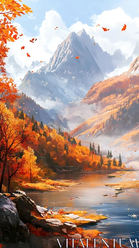 Autumn mountain valley with river and deciduous forest scene.