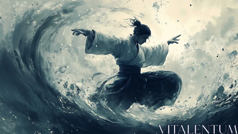 Martial waterbender in swirling ocean vortex.