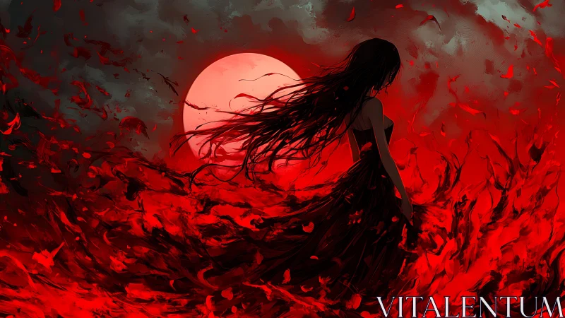 Crimson moonlit girl wandering through swirling scarlet night.
