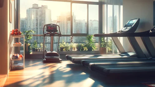 Sunlit cardio studio integrates treadmills, greenery and city skyline