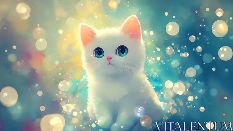 Luminous White Cat with Radiant Blue Eyes in Ethereal Light