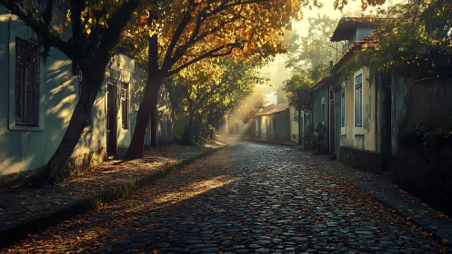 Golden morning light spills along a quiet cobblestone lane