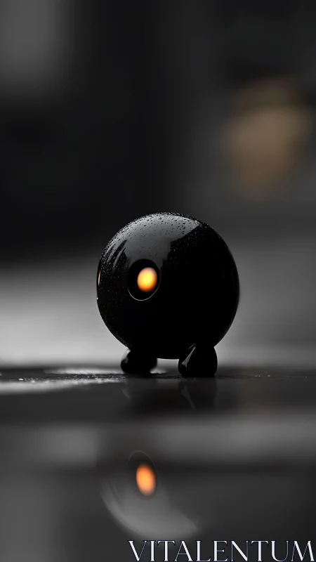 Glossy black orb robot with amber core on wet reflective ground