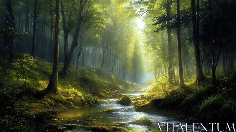 Forest Stream with Golden Sunlight Through Canopy.