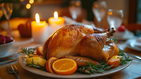 Roast turkey glows under candlelit holiday dinner setting.