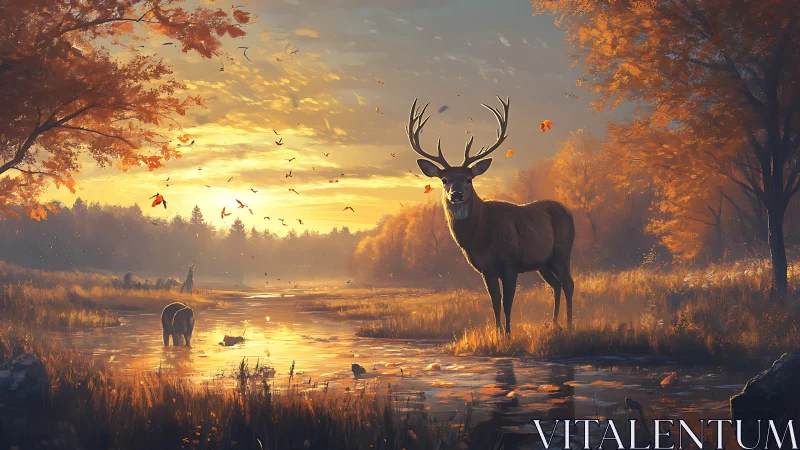 Stag and bear in autumn wetland at low sunlit horizon.
