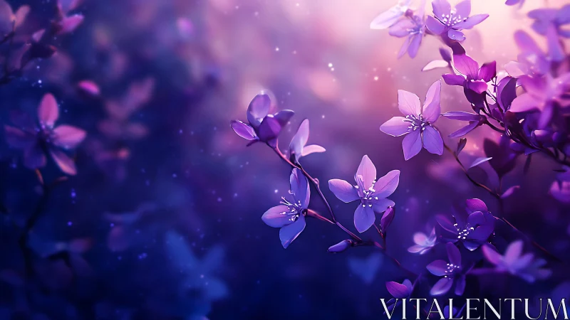 Purple Blossoms With Bokeh Particles Depth Rendering.