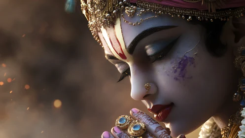 Serene deity closeup in jeweled crown with glowing bokeh.