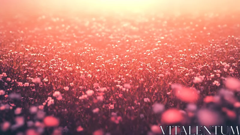 Blush-drenched wildflower sea under dreamy sunrise haze.
