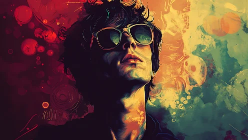 Digital painting portrait with neon bokeh abstractions and gradients.