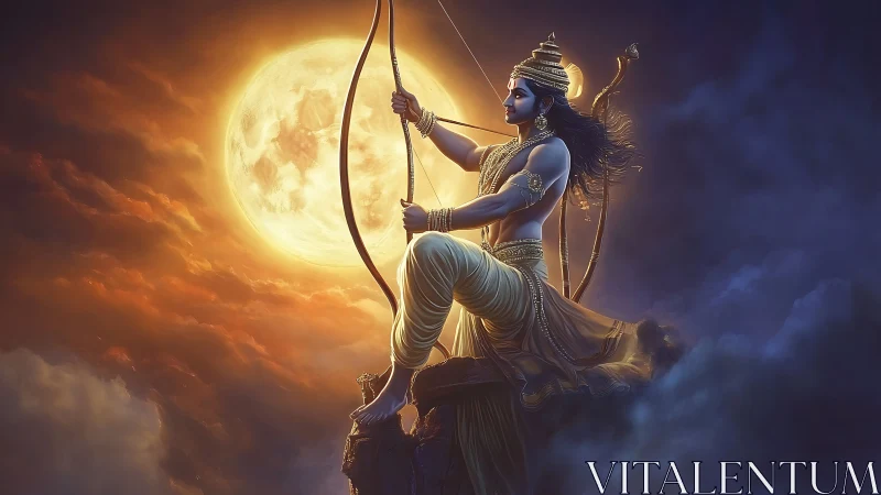 Mythological archer sits poised with bow before full moon