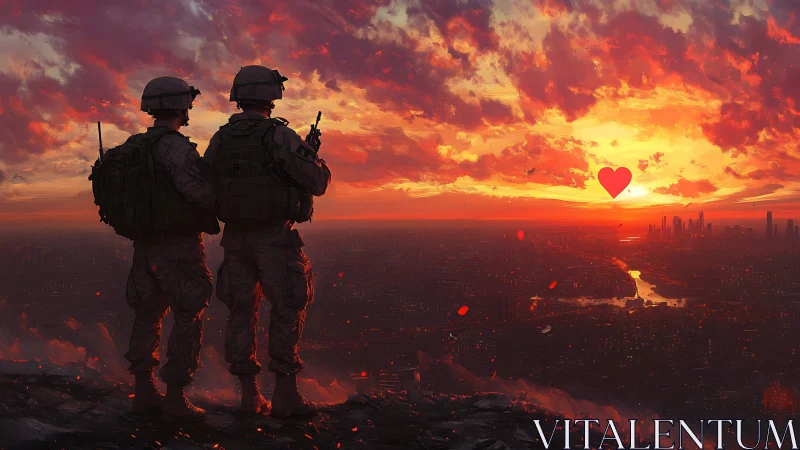 Two silhouetted soldiers observe burning cityscape at sunset.