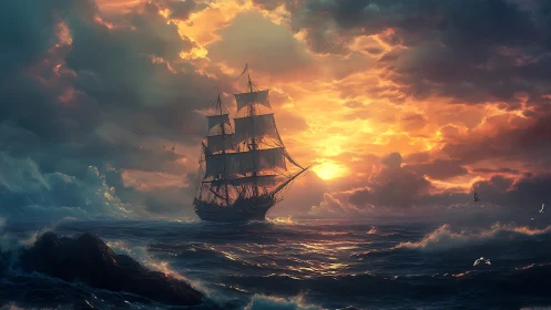 Square-rigged tall ship under dramatic sunset cumulonimbus sky