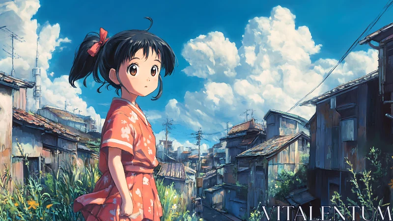 Girl in patterned kimono stands in dense wooden alleyway