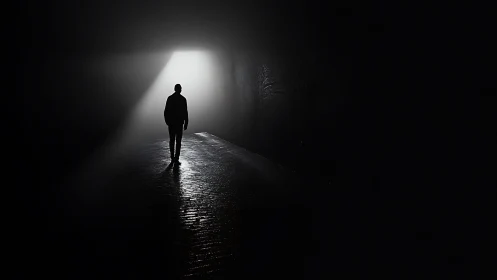 Solitary figure walks toward a soft, inviting tunnel light