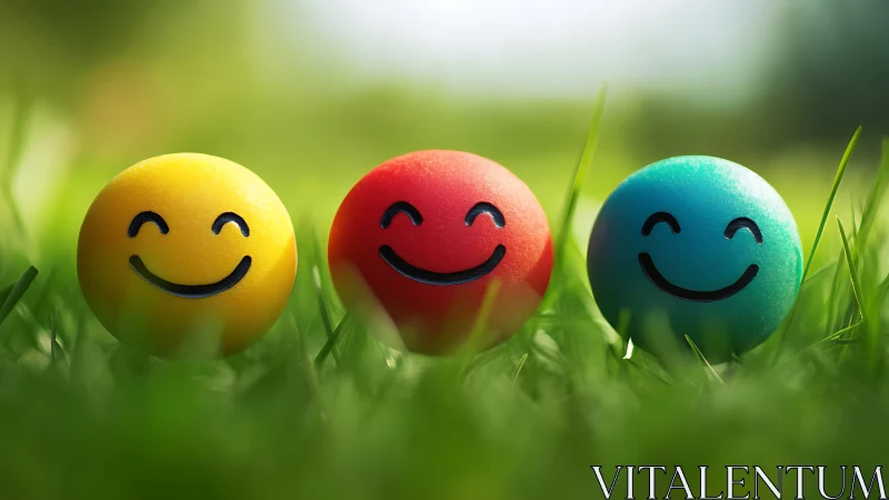 Colorful smiley balls rest in sunlit grass, radiating joy