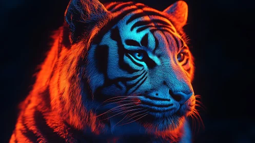 Neon twilight crowns a tiger with electric fire and frost