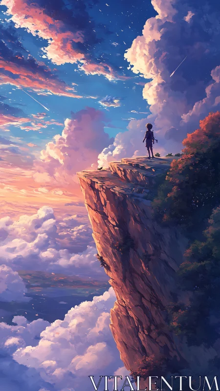 Solitary figure on sunlit cliff above radiant cloudscape.