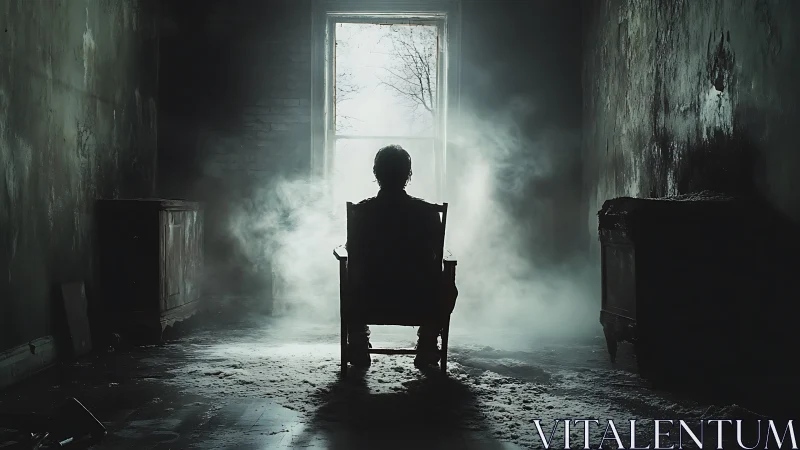 Solitary figure in decayed room facing bright window.