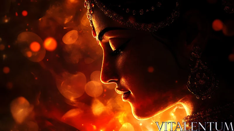 Divine profile portrait in glowing ember bokeh light.