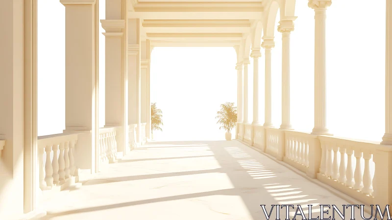 Sunlit neoclassical colonnade in soft ivory atmosphere.