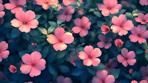 Pink Floral Garden Blooms Against Deep Teal Foliage Backdrop.