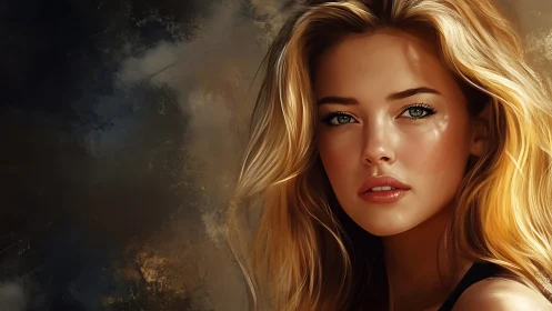 Digital portrait of blonde woman against abstract dusk backdrop.