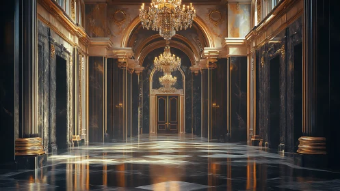 Grand baroque hallway shows ornate chandeliers and arches