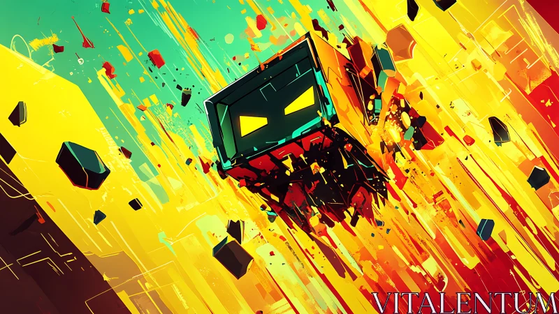 Exploding neon cube streaks through a chaotic cosmic sky