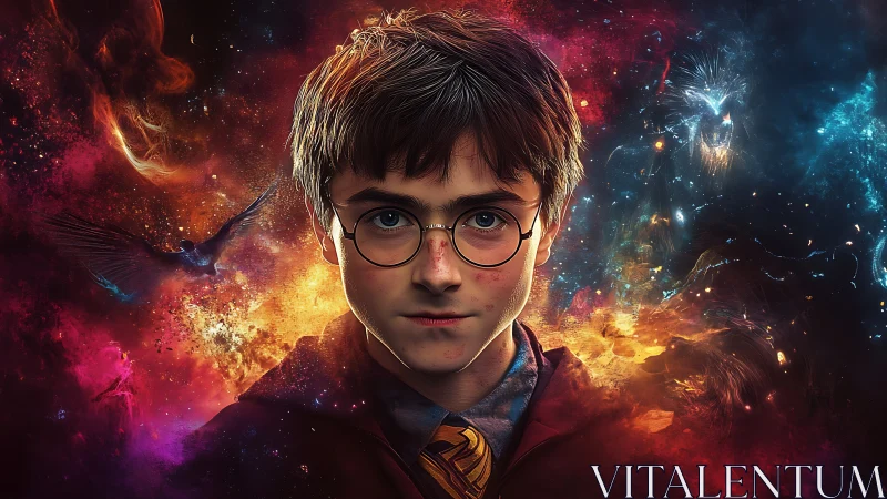 Young wizard portrait set in luminous cosmic nebula field