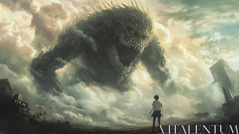 Human figure observes large cloud-like creature in ruins