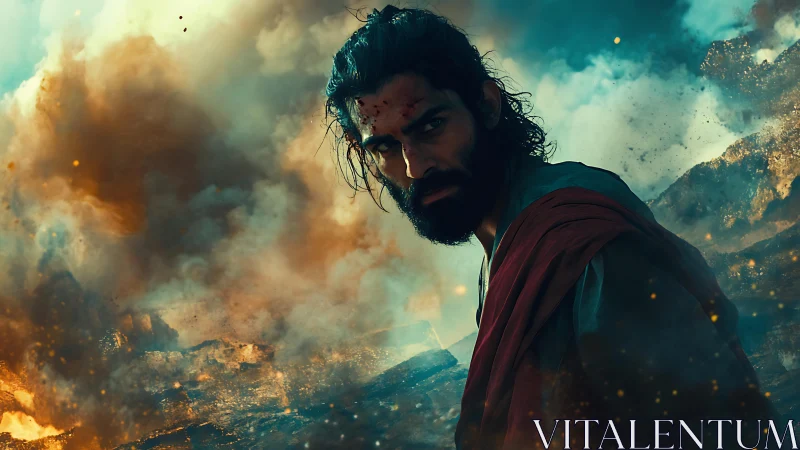 Warrior in smoldering wasteland under fiery storm clouds.