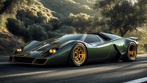 Low-slung aerodynamic hypercar with retro-futurist bodywork.